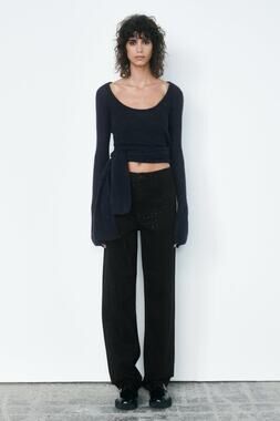 Zara Womens Lightweight Sweater Wool Alpaca Sccop neck Side tie Knot Size S